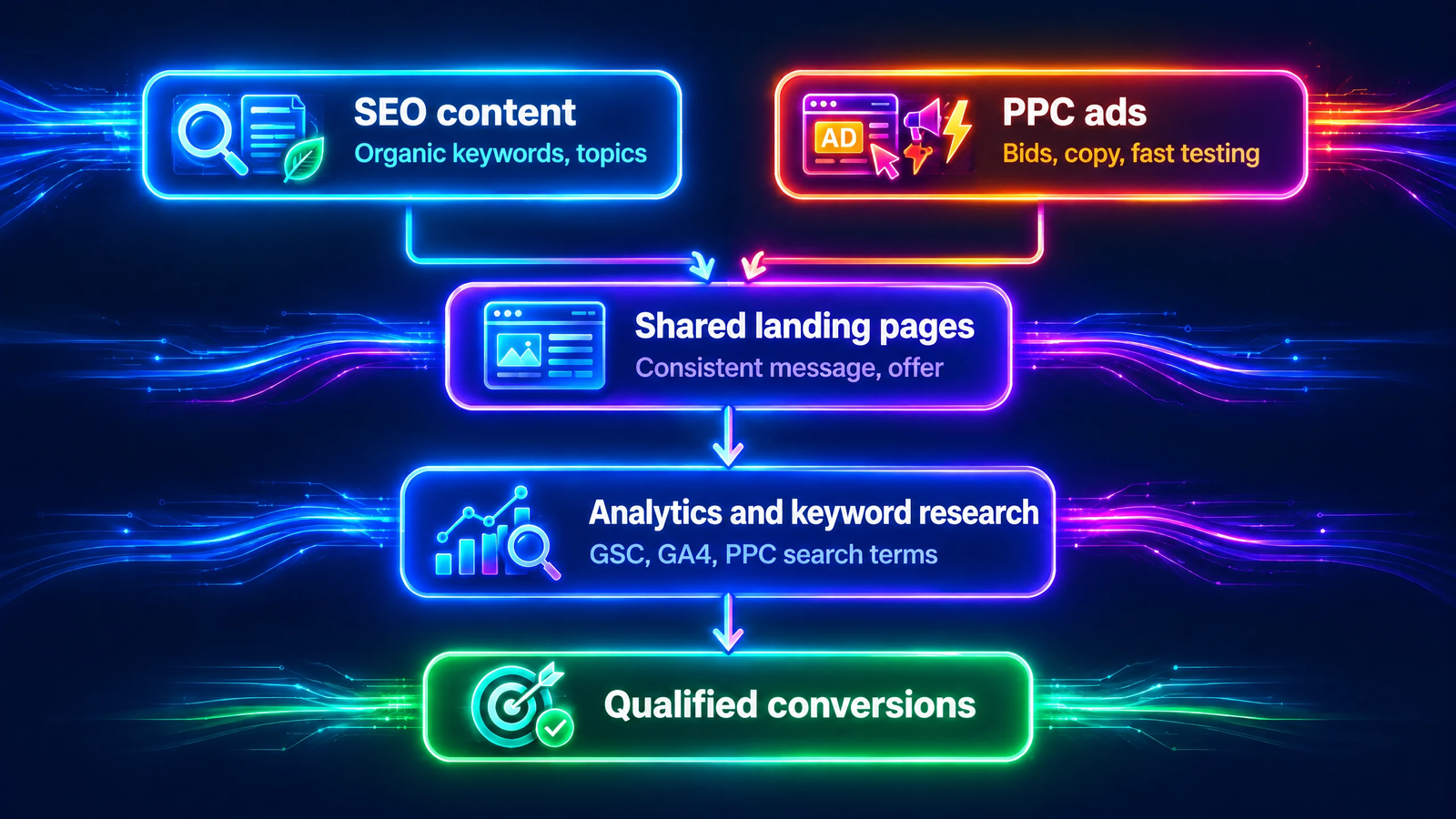 Adzine SEO and PPC strategy flowchart showing SEO content, PPC ads, shared landing pages, analytics and keyword research, and qualified conversions