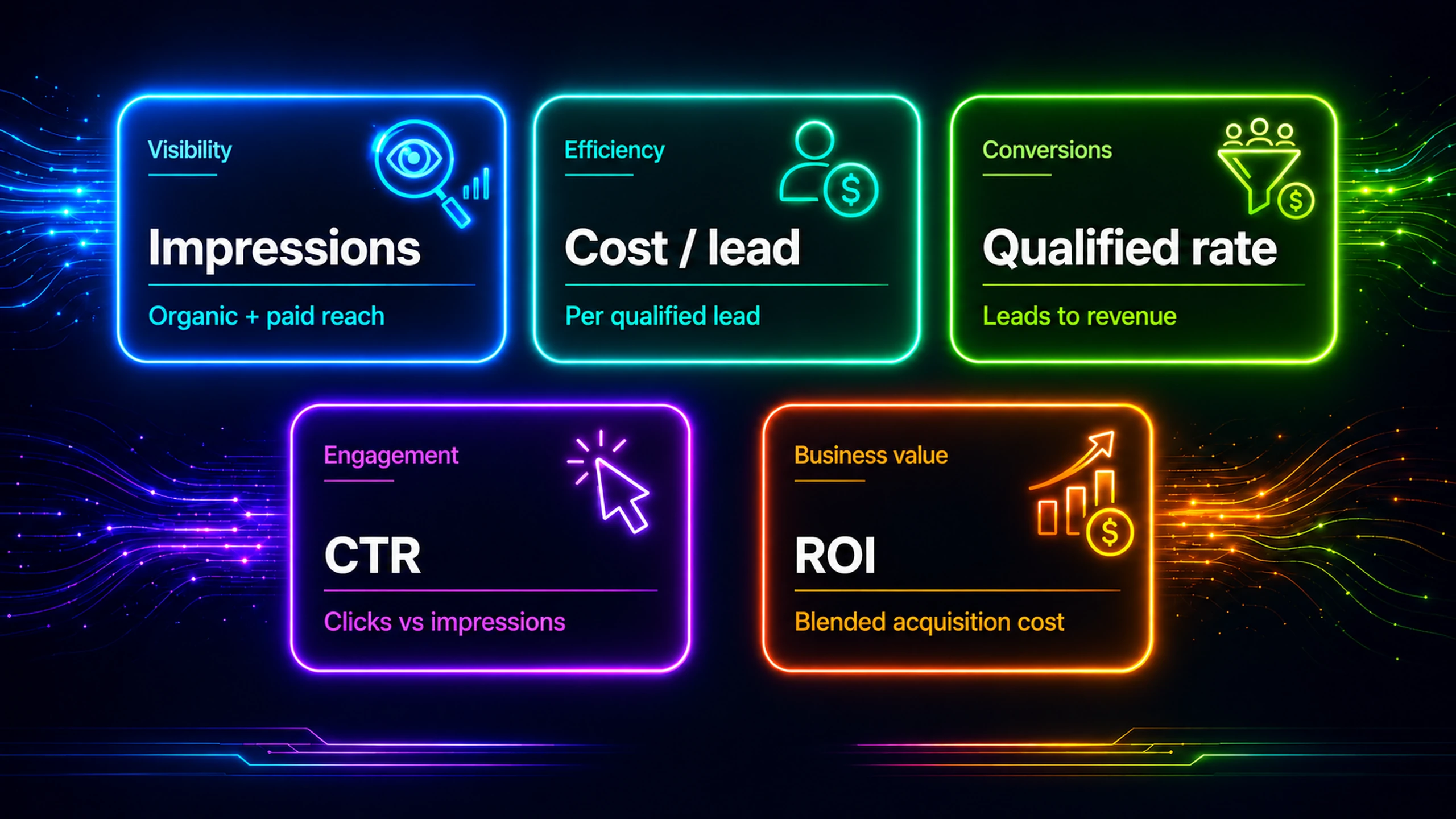 Adzine SEO and PPC performance metrics showing impressions, cost per lead, conversions, CTR and ROI